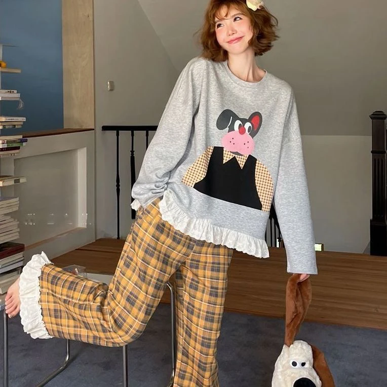 秋冬女士长袖睡衣卡通家居服可外穿休闲套装