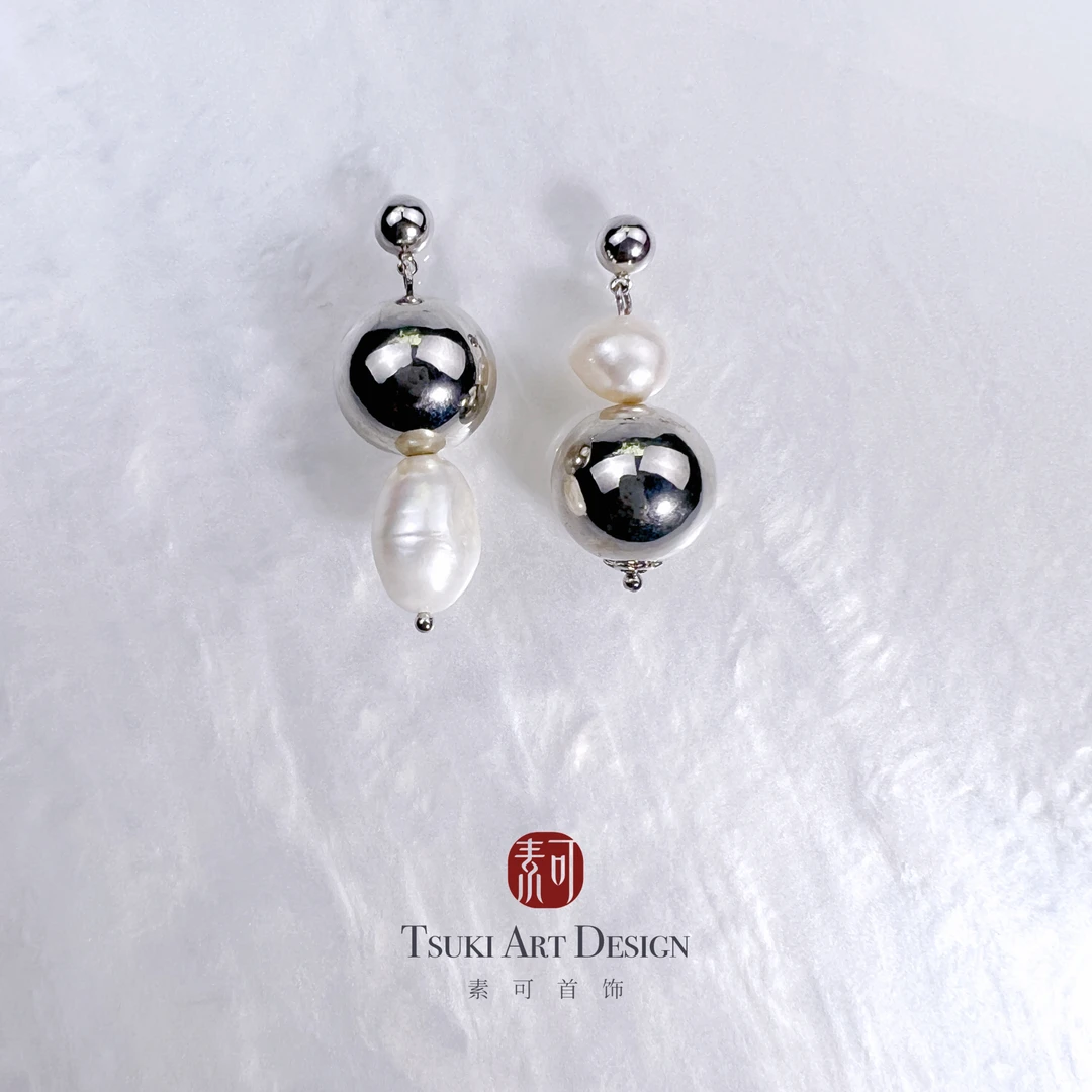 铜合金耳饰 法式优雅【比莉】时尚个性不对称珠珠耳环E194