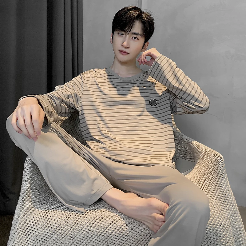 俞兆林男士睡衣春秋款纯棉长袖休闲全棉条纹可外穿青年家居服套装
