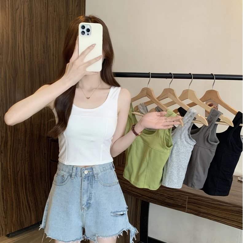 娇希语韩版方领吊带背心女带胸垫内搭纯欲外穿修身美背打底上衣女