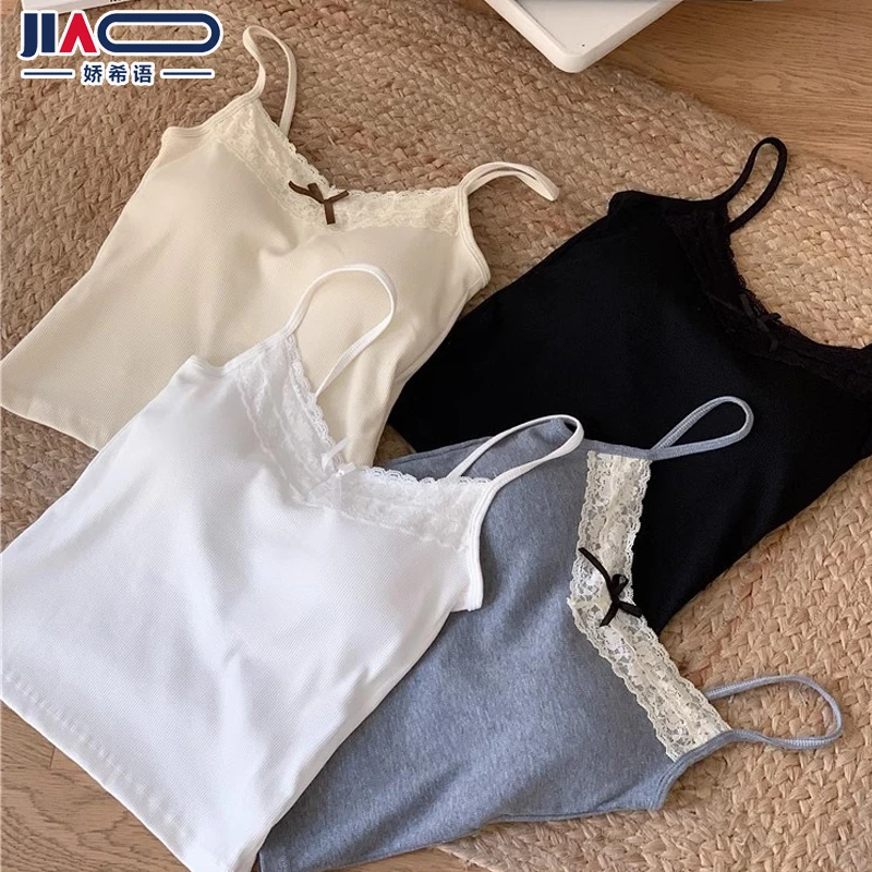 春夏小个子内搭蕾丝拼接蝴蝶结吊带背心女带胸垫纯欲风吊带上衣女