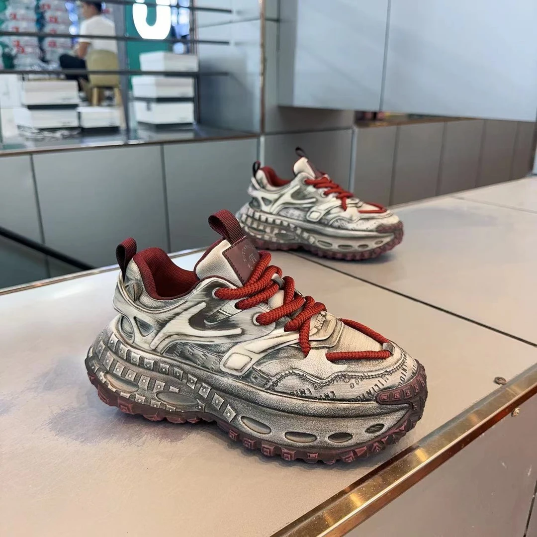 男鞋2024秋季新款皮面老爹鞋厚底潮款男士休闲鞋运动鞋时尚潮流鞋