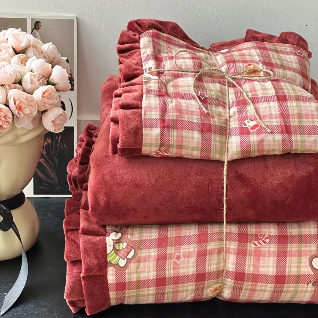 【AM】秋冬花边款棉加绒A版母婴级双层纱B版加厚宝宝绒冬季保暖套件