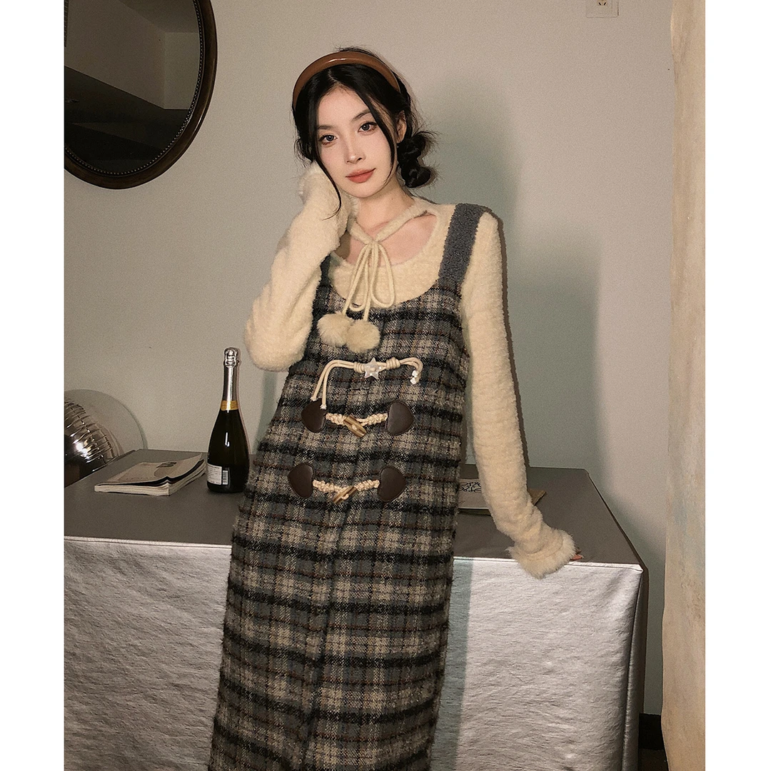 吵吵家背带裙女复古格纹牛角扣34312