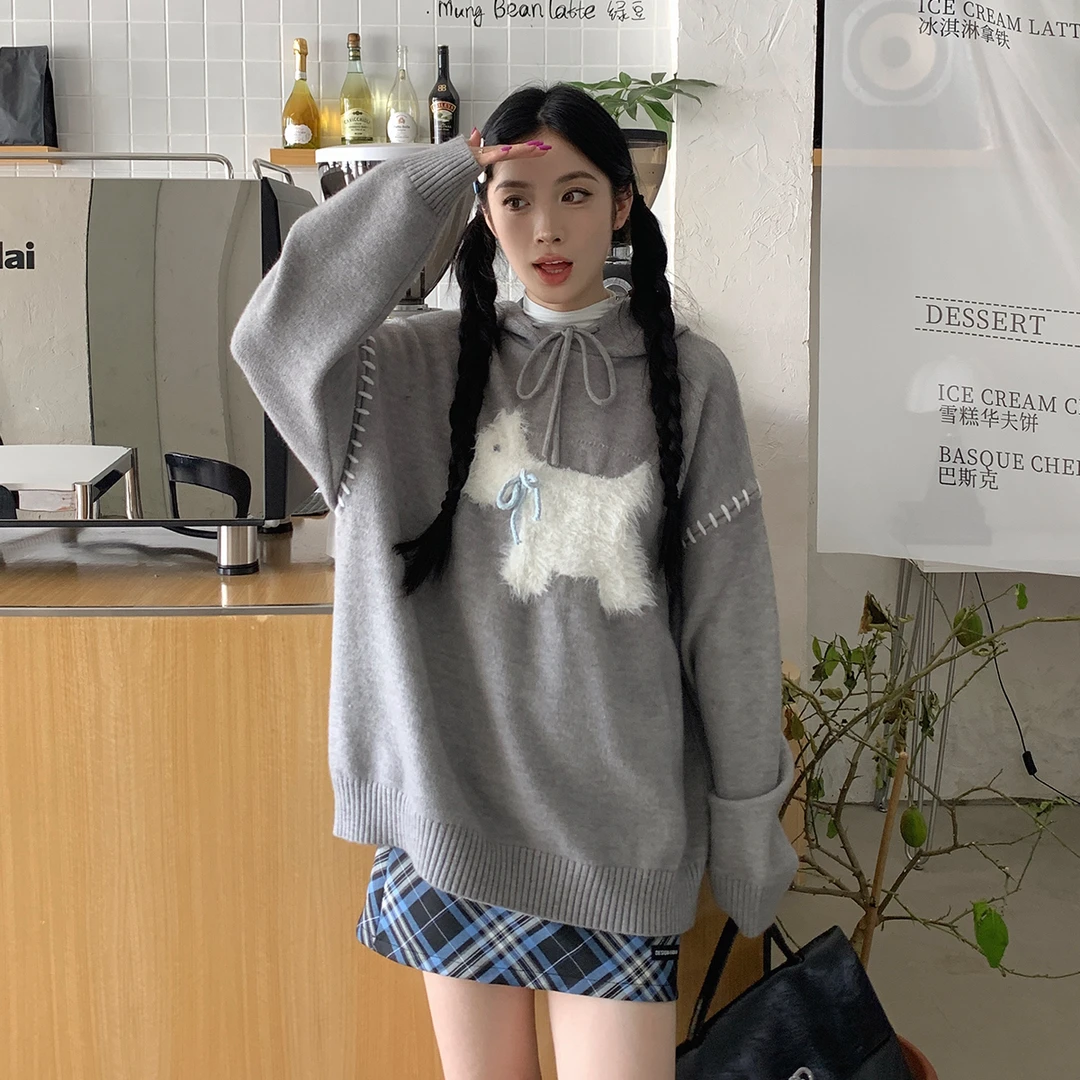 【吵吵家】灰色卫衣针织连帽设计感小众45357