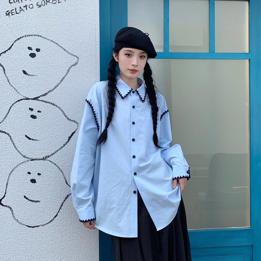【吵吵家】长袖衬衫女POLO领贝壳绣设计感44314