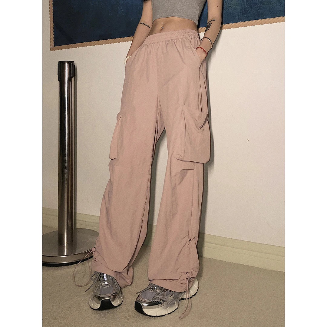 【吵吵家】美式高街粉色工装裤夏季大口袋高腰宽松休闲裤 45149