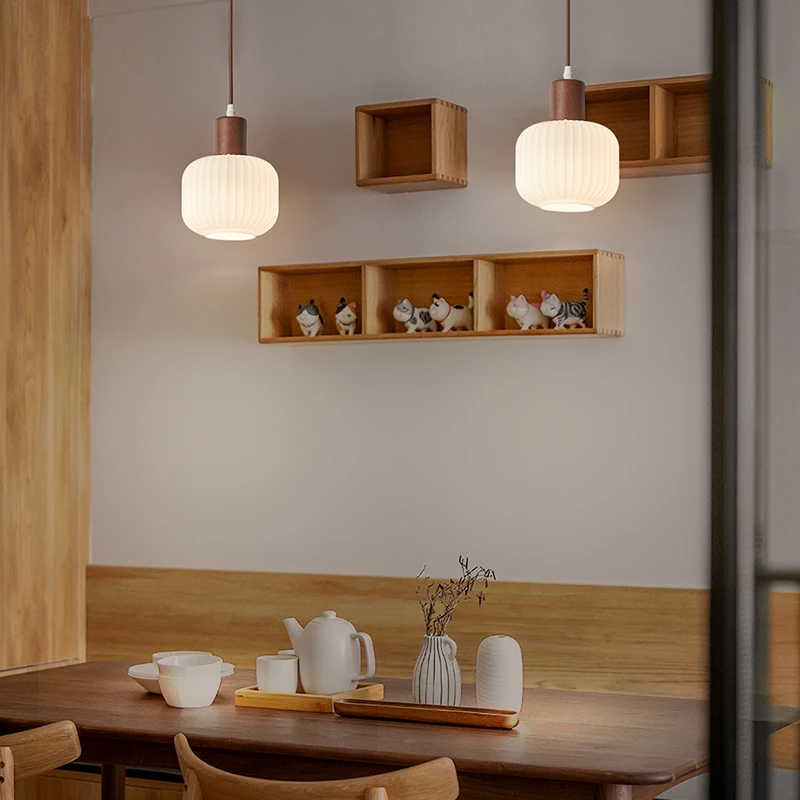 【坤德】实木玻璃吊灯胡桃木色餐厅灯卧室床头吊灯吧台灯简约艺术