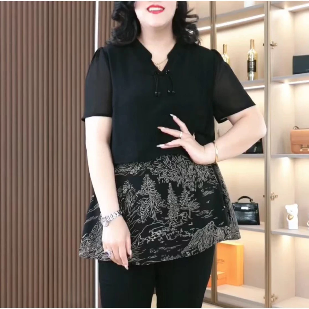 丹思慕大码女装拼接假两件时尚休闲百搭洋气气质显瘦上衣ZB5929