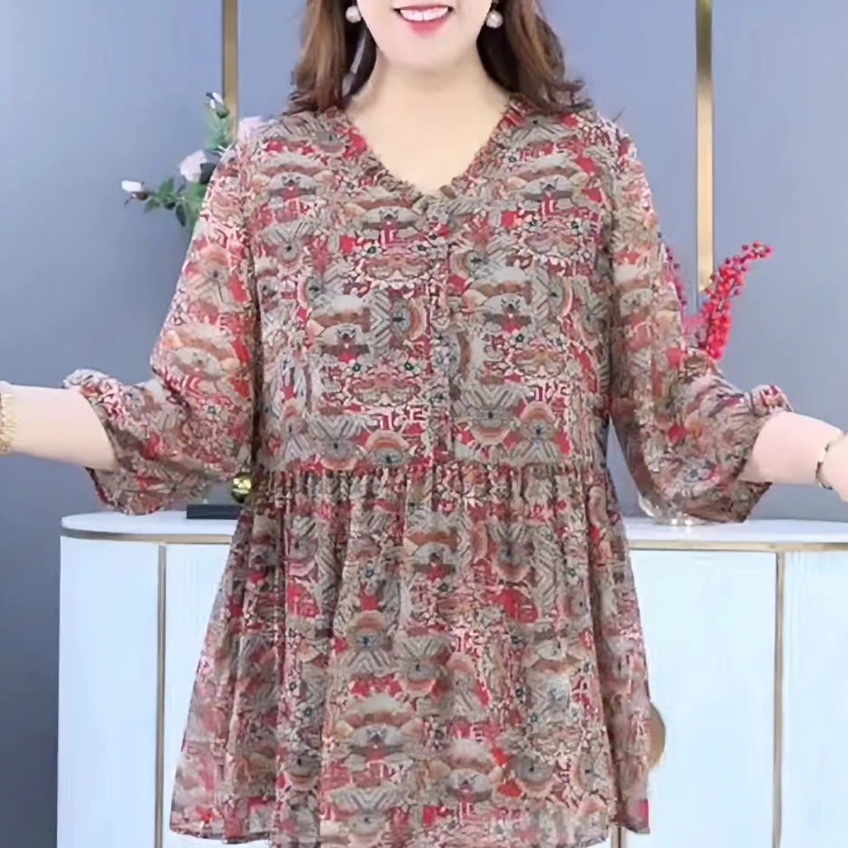 丹思慕大码女装夏季洋气碎花宽松遮肚休闲显瘦百搭时尚上衣240837