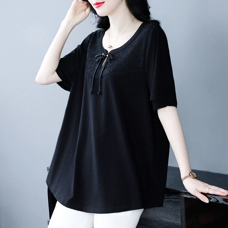 丹思慕大码女装复古夏季新款中式盘扣拼接蕾丝显瘦遮肚短袖240266