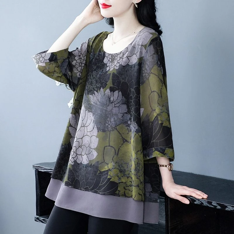 丹思慕大码2025夏季新款高档拼接印花百搭显瘦遮肚子上衣240558