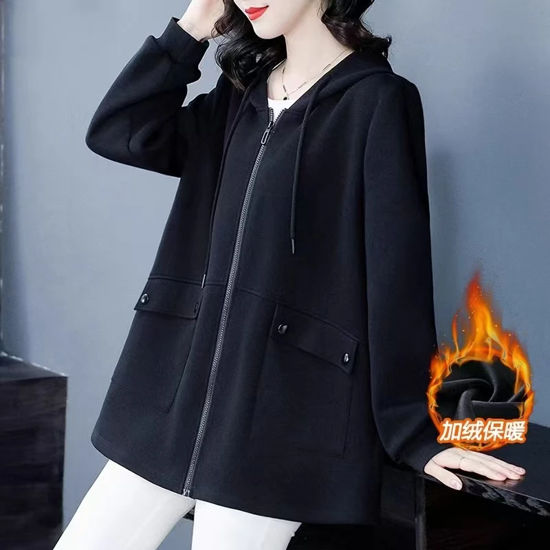 丹思慕大码女装女2025秋季新款别致洋气拉链连帽宽松外套240081