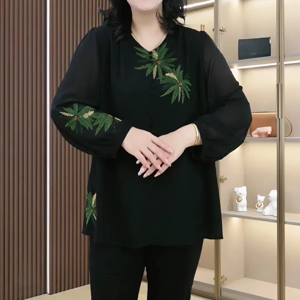 丹思慕大码女装2025早秋新款重工椰树刺绣时尚百搭显瘦ZB5966长袖