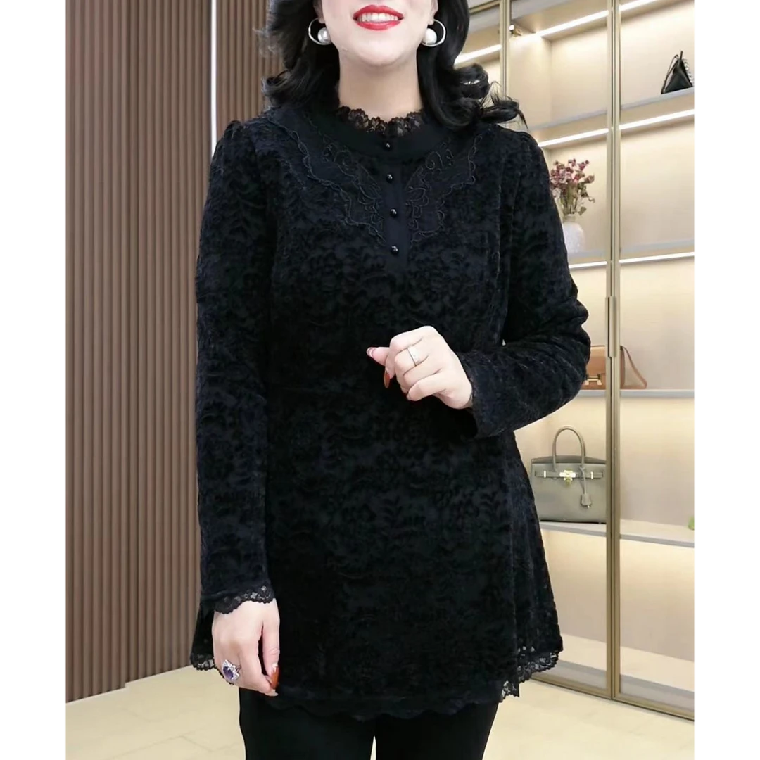 丹思慕显瘦大码女装蕾丝上衣气质长袖时尚打底加绒国风洋气ZB5558