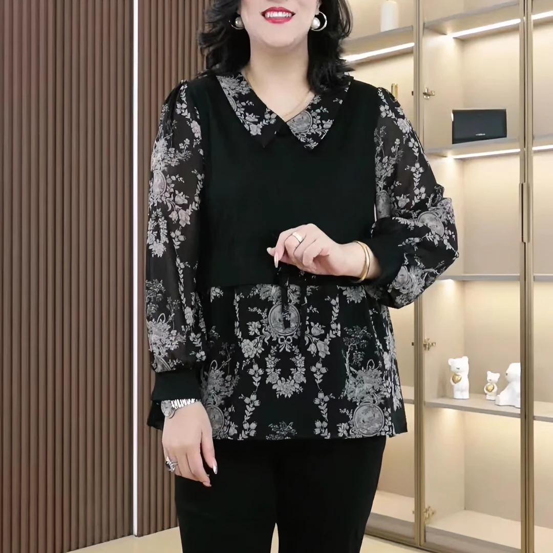 丹思慕秋季新款大码女装假两件碎花气质拼接显瘦遮肚衬衫ZB6086