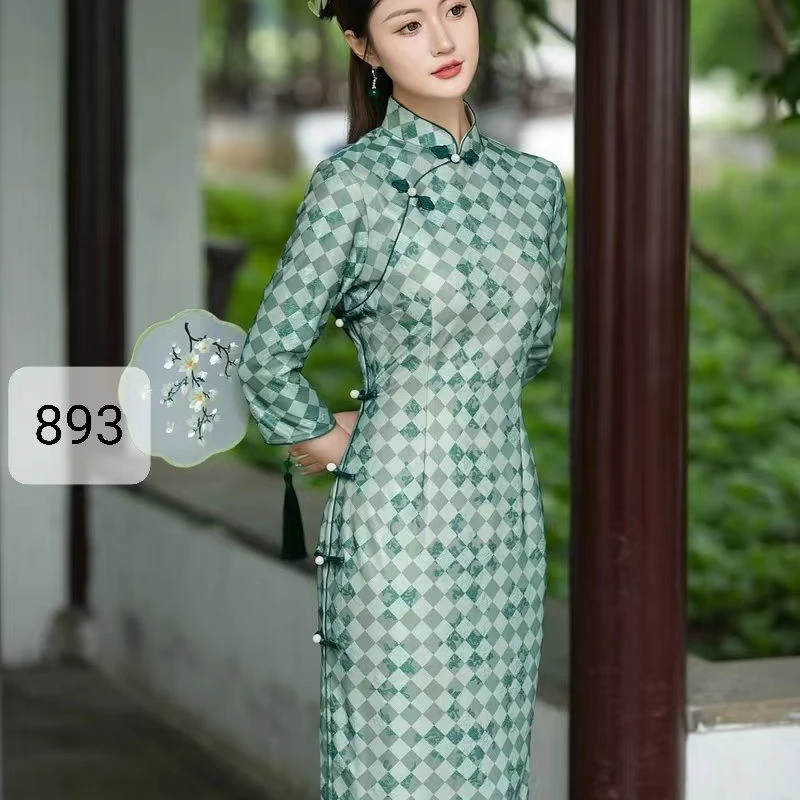 893上上喜单层加厚七分袖春秋款中长修身时尚植绒旗袍