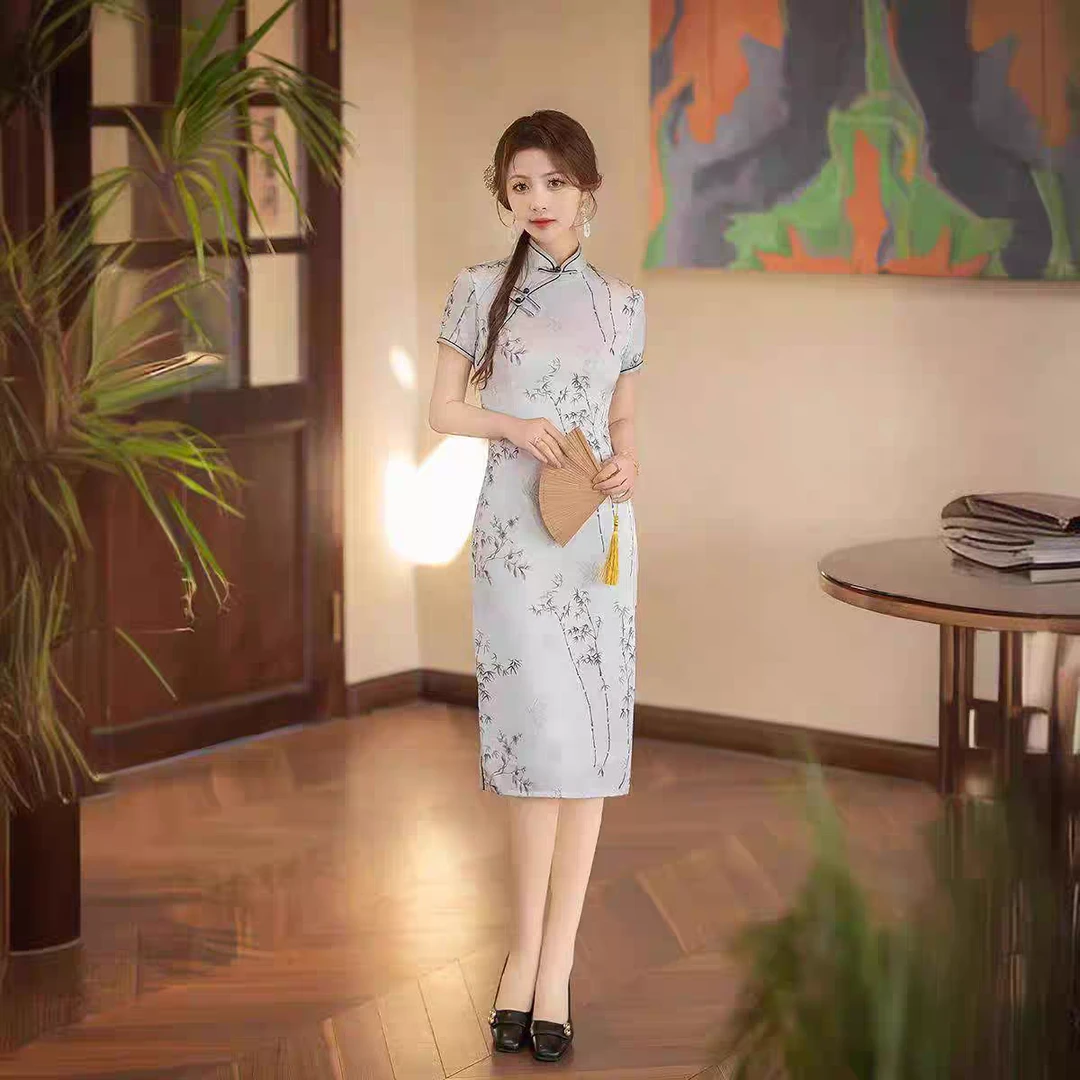 墨竹-上上喜双层复古时尚优雅修身中长短旗袍尺码偏小