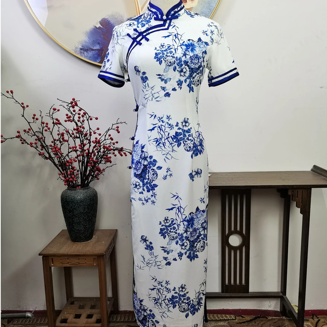 【绝美青花】上上喜双层复古时尚优雅少女长款青花瓷旗袍