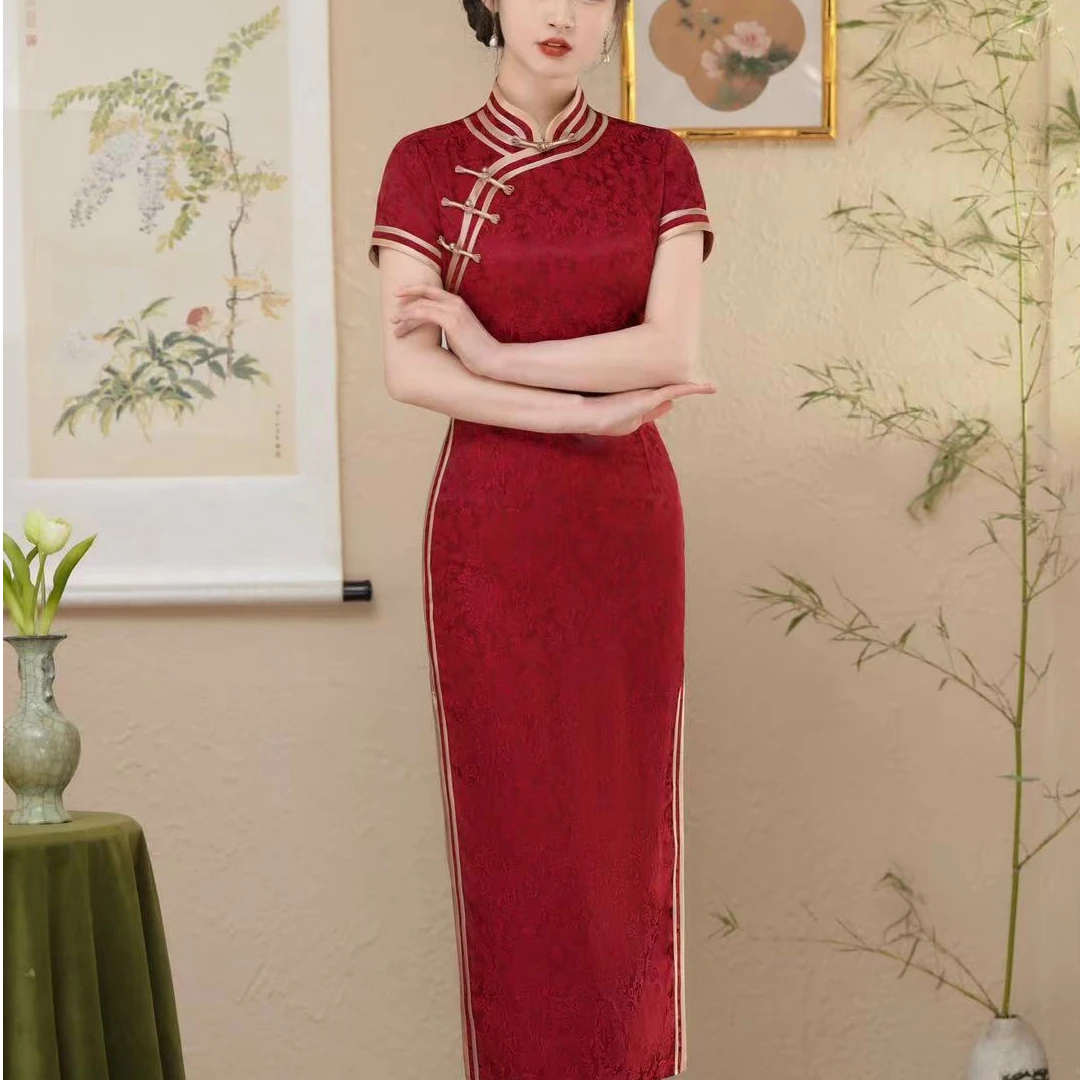 【红韵】上上喜双层复古时尚优雅修身红色长旗袍