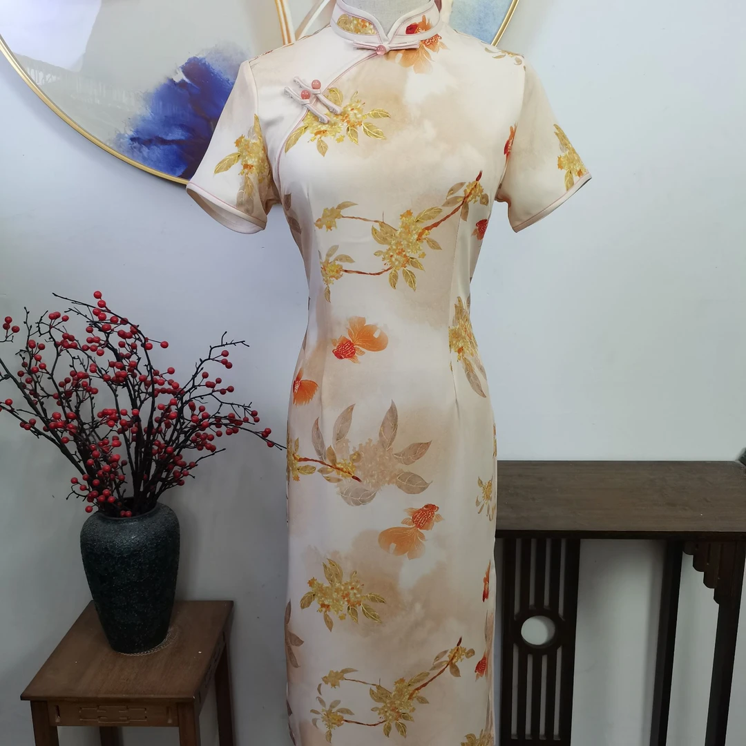 【锦鲤跃龙门】上上喜夏季短款单层修身送考时尚中长旗袍