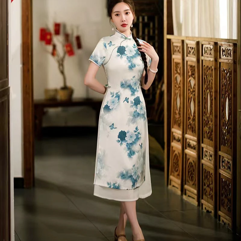 【蝶戏牡丹】上上喜春夏奥黛大摆裙修身时尚旗袍裙