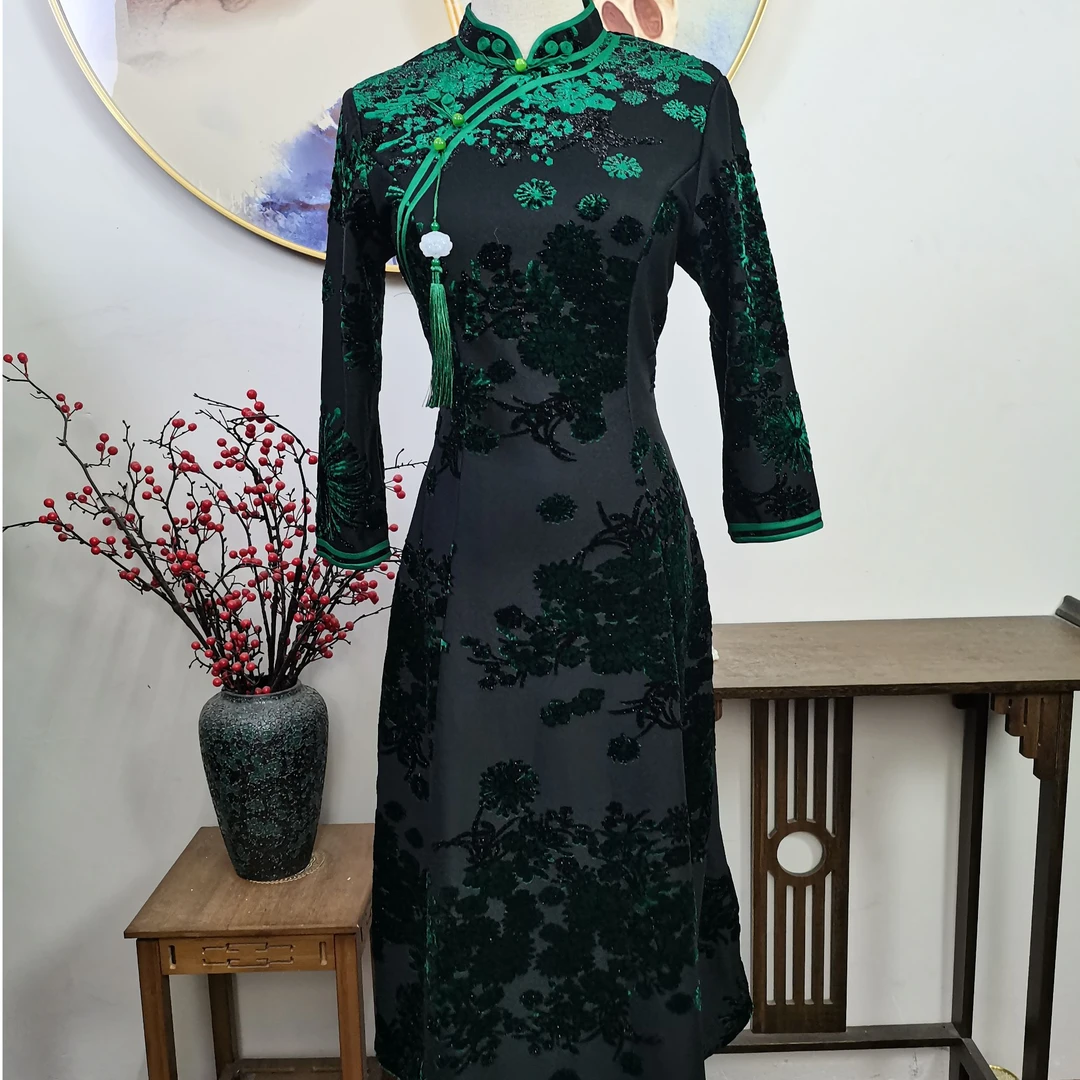 7005上上喜冬季加绒加厚A摆修身时尚长旗袍