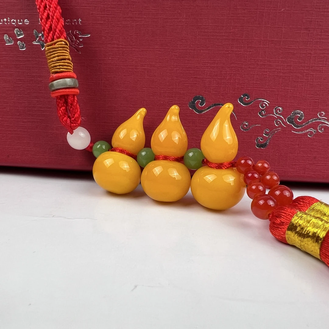 琉璃哥纯手工热塑琉璃《鸡油黄三葫芦车挂》饰品装饰 摆件 精美礼品
