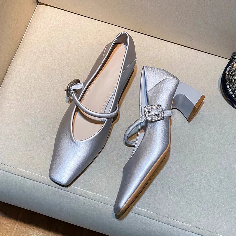 银色一字带玛丽珍高跟鞋女2025新款方头气质小香风粗跟单鞋不累脚