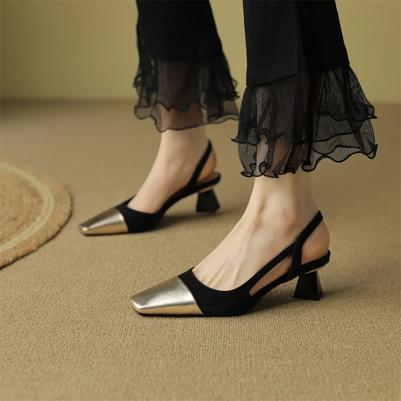 真皮凉鞋女拼色羊皮包头单鞋方头粗跟小香风高跟鞋气质女神范夏季