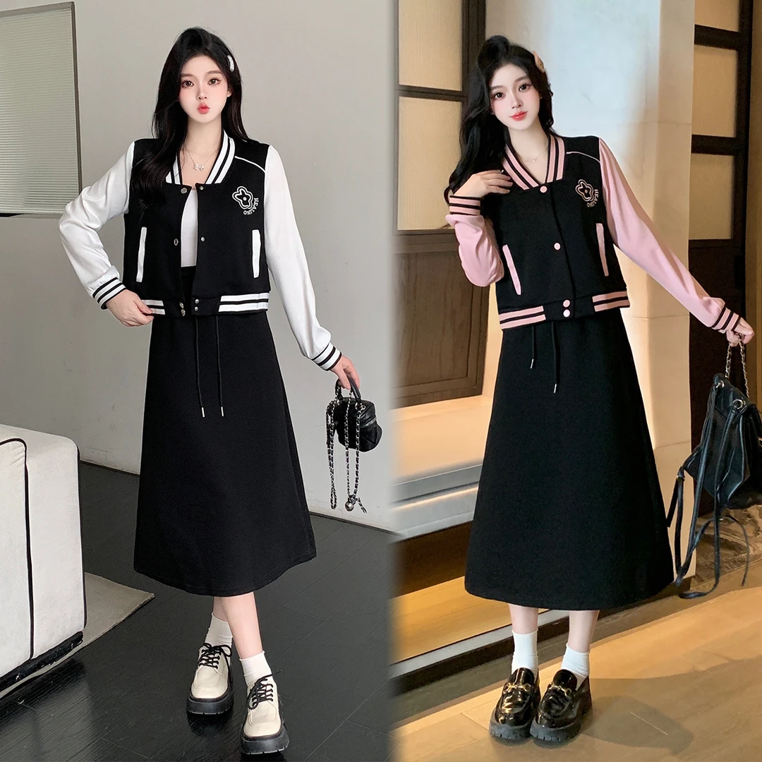 清大码女装胖mm2025秋季学院风棒球服外套高腰半身裙两件套61809