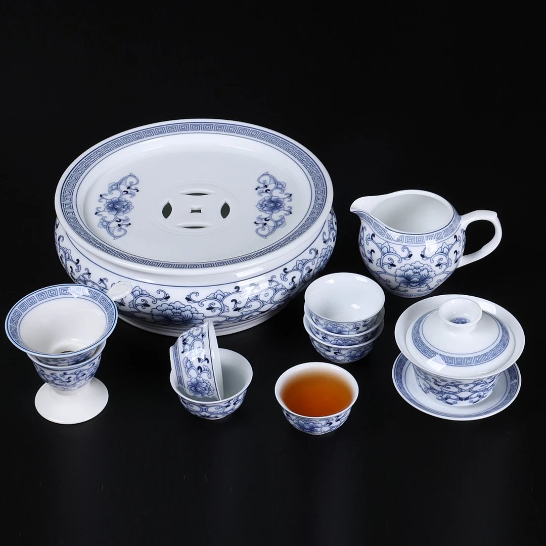 雅诚茶具套装缠枝牡丹8吋古型功夫茶具家用陶瓷精美高档中式盒装