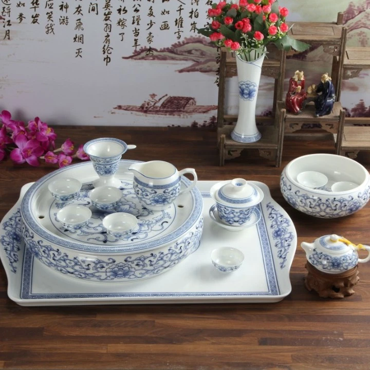 雅诚茶具套装12吋配盘茶具缠枝牡丹陶瓷家用简约中式白瓷