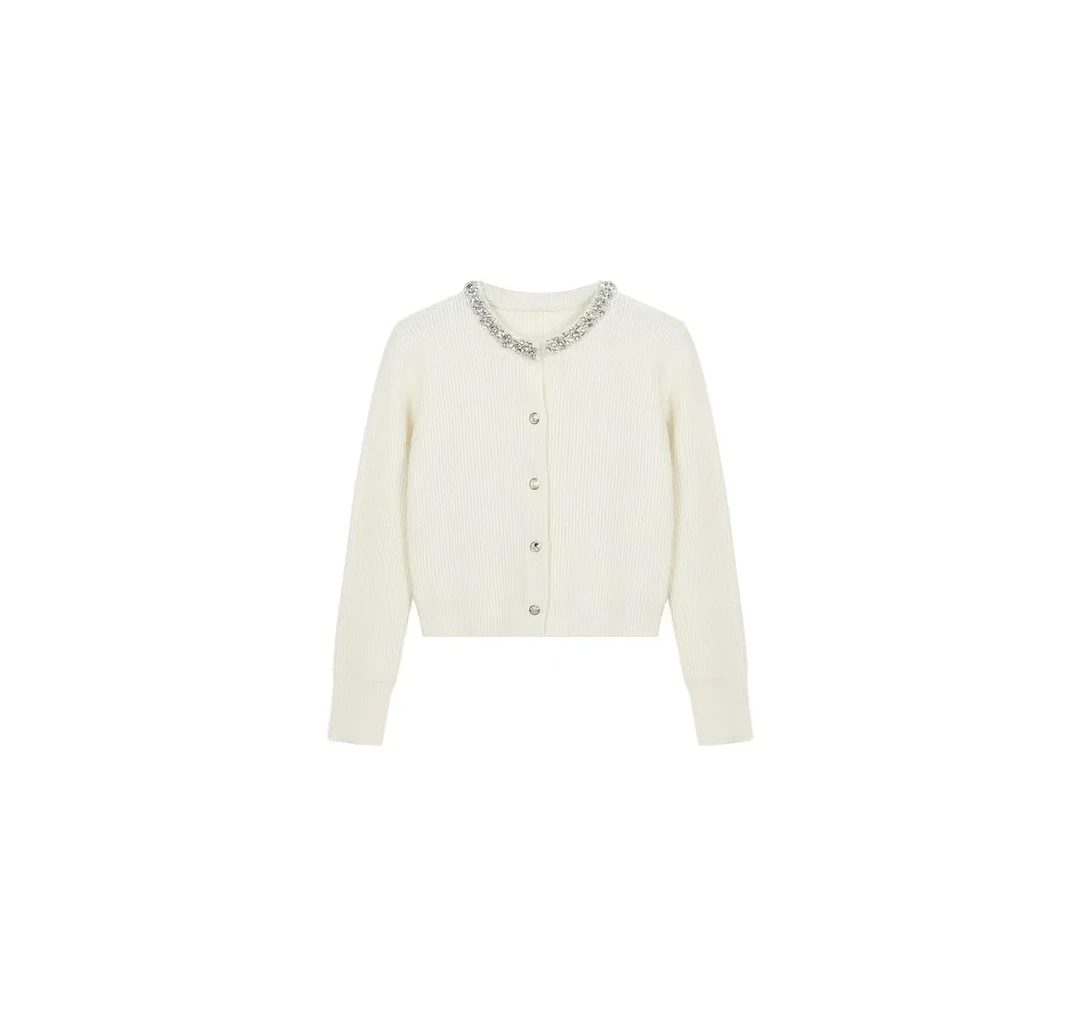 秋冬北极绒镶钻圆领单排扣针织毛衣88101