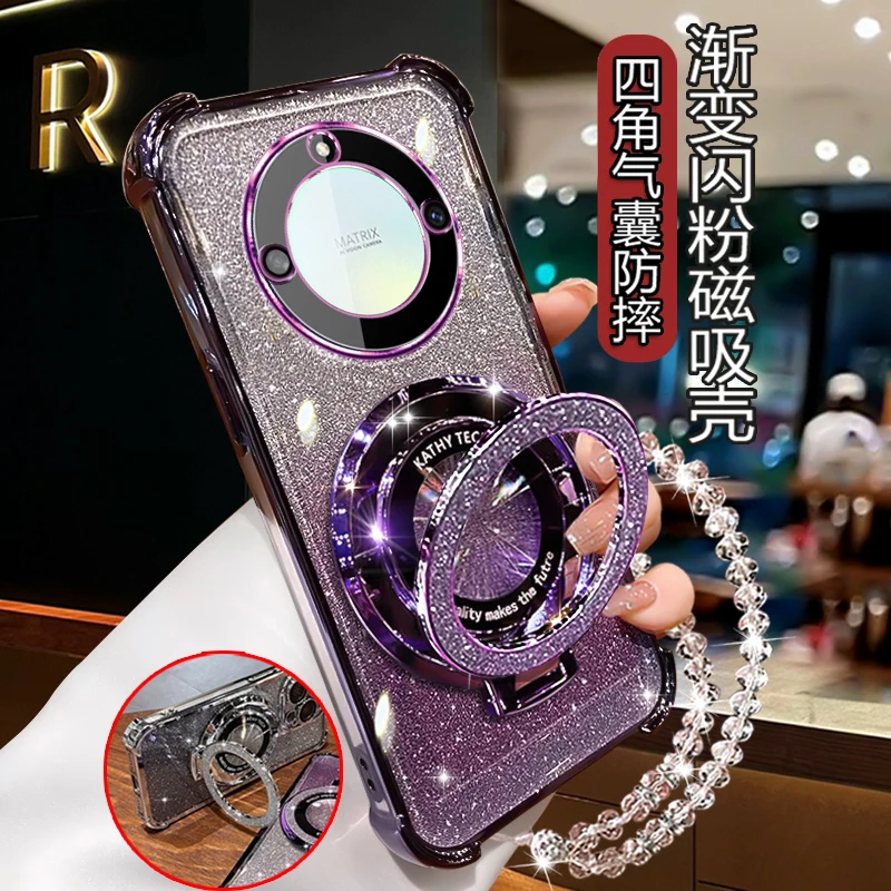 适用荣耀x60手机壳新品潮女BRC-AN00镜头全包X60四角防摔闪粉支架