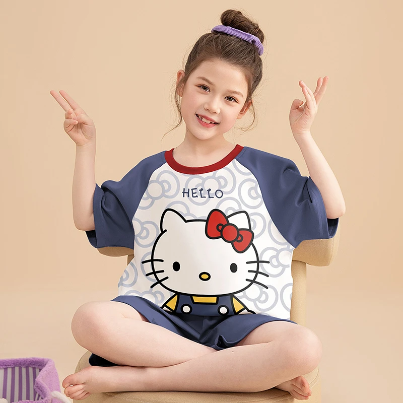 儿童睡衣女童纯棉夏季薄款睡衣中大童女孩卡通凯蒂猫家居服两件套