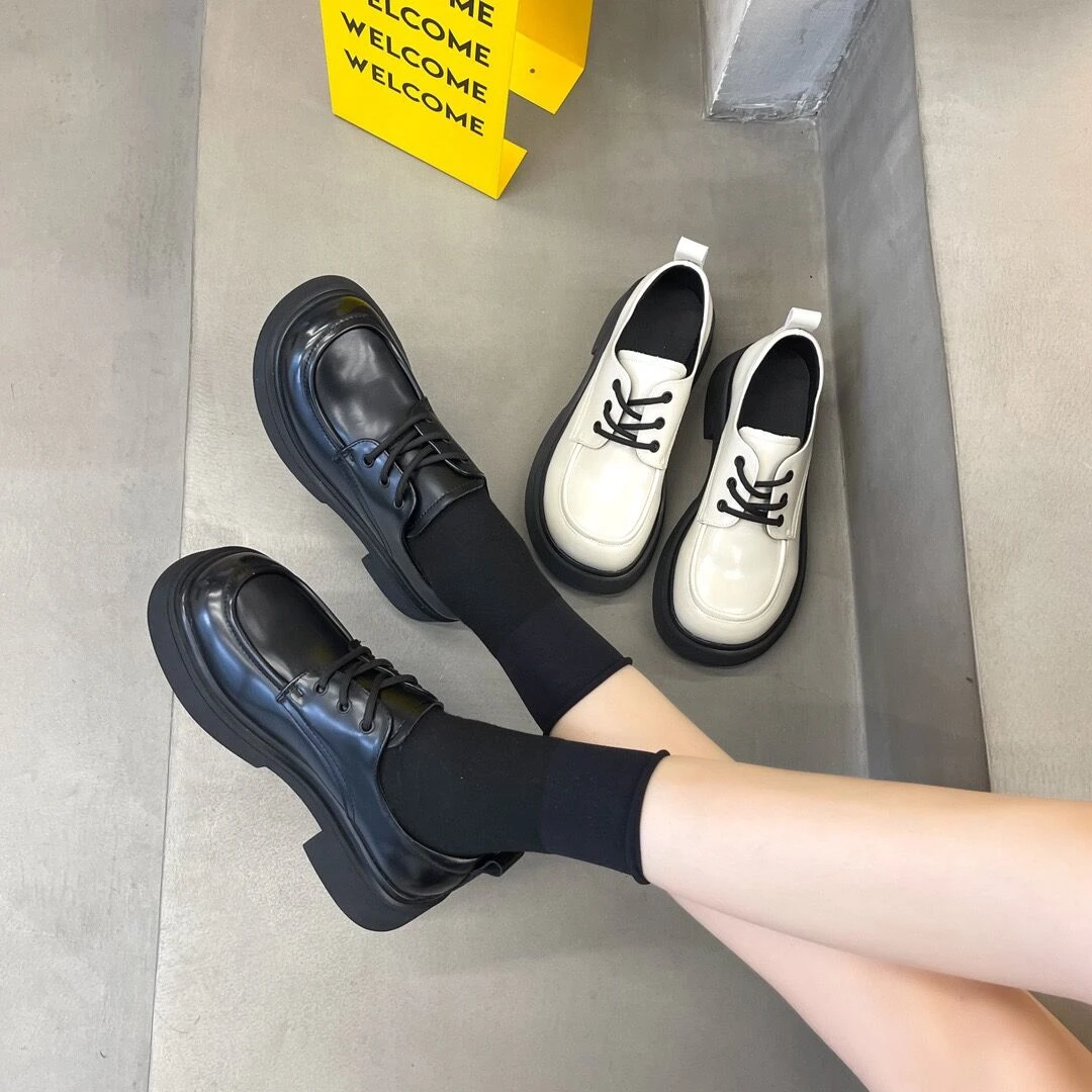 英伦风小皮鞋女秋2023年新款圆头粗跟单鞋百搭系带懒人舒适乐福鞋