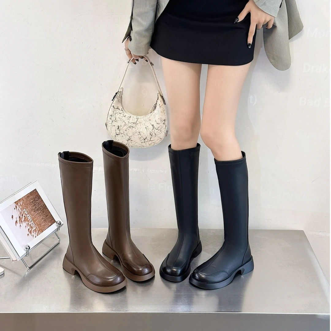 不过膝长靴女2023秋冬季新款圆头平底高筒靴百搭ins潮弹力瘦瘦靴