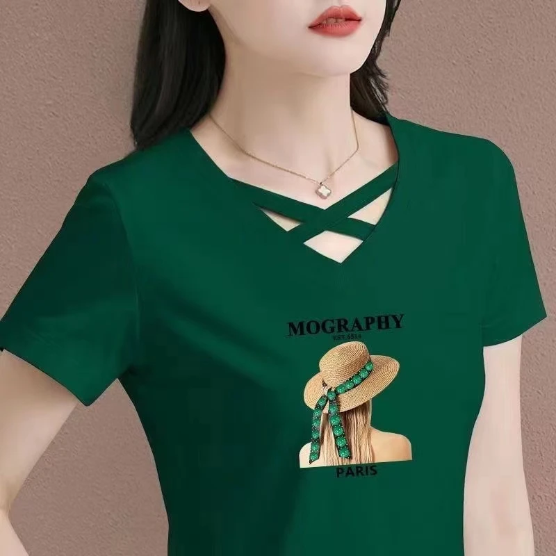 2024夏季新款V领交叉中年人宽松遮肚子运动上衣鸡心领女士t恤短袖