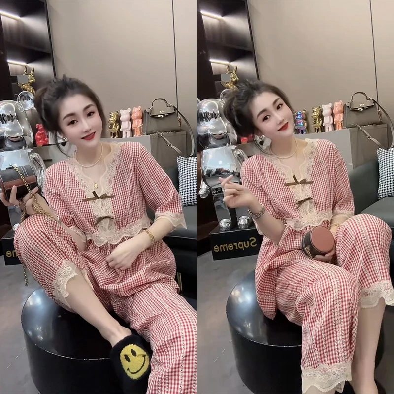 韩版棉麻格子睡衣女夏薄款网红短袖套头蕾丝拼接家居服时尚两件套