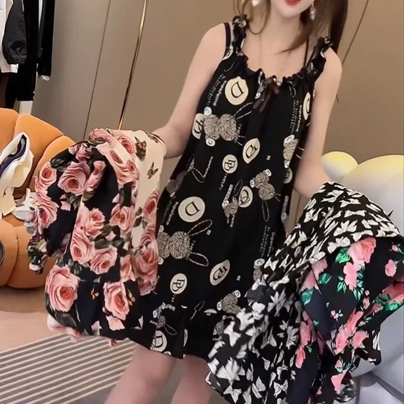 夏季网红睡衣女冰丝薄款碎花吊带睡裙时尚韩版印花女家居服可外穿