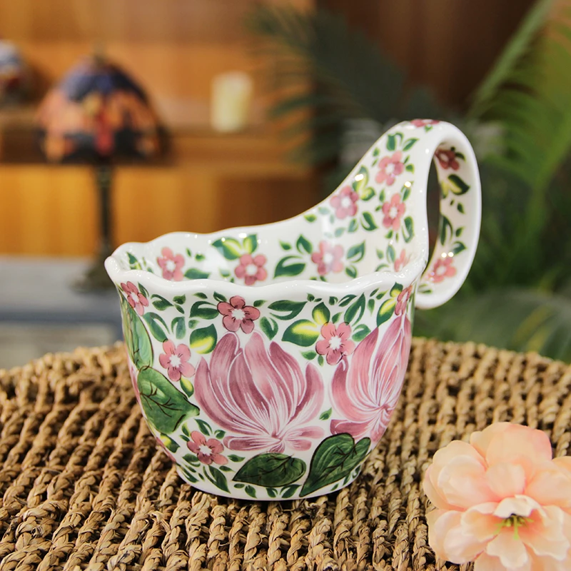 [柏尔家] 芙蕖花曲把杯 釉下彩米饭碗手工瓷碗家用4.5英寸曲把碗