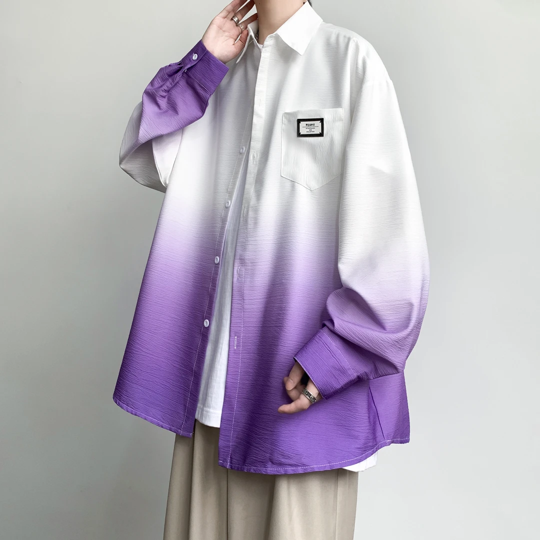 东方骆驼渐变长袖衬衫男士春秋夏季款宽松休闲男装潮长袖衬衣外套