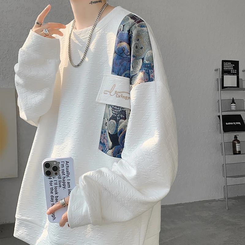 东方骆驼长袖卫衣刺绣拼接男春秋季美式潮牌2024新款圆领套头秋装