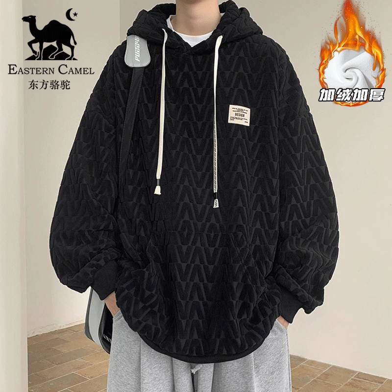 东方骆驼重磅美式连帽卫衣男秋冬加绒保暖休闲提花ins慵懒风外套