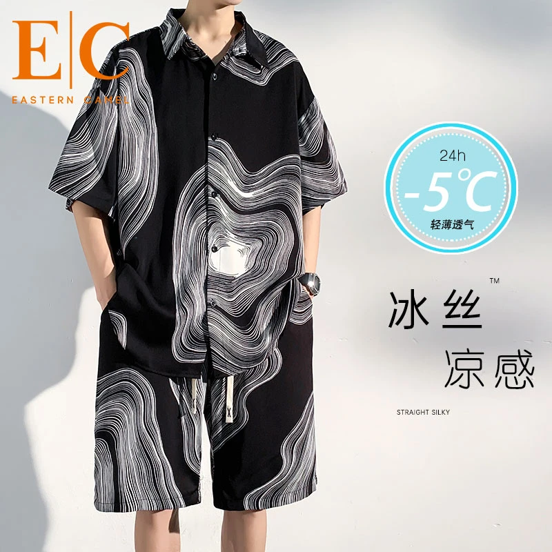 夏季印花宽松短袖衬衫男士潮牌日系穿搭套装男装搭配一套帅气衬衣