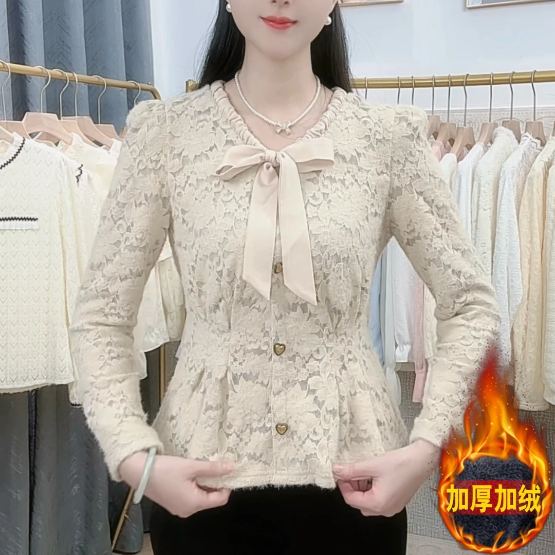 蝴蝶结系带加绒蕾丝小衫女2024冬季新款洋气减龄显瘦内搭打底上衣
