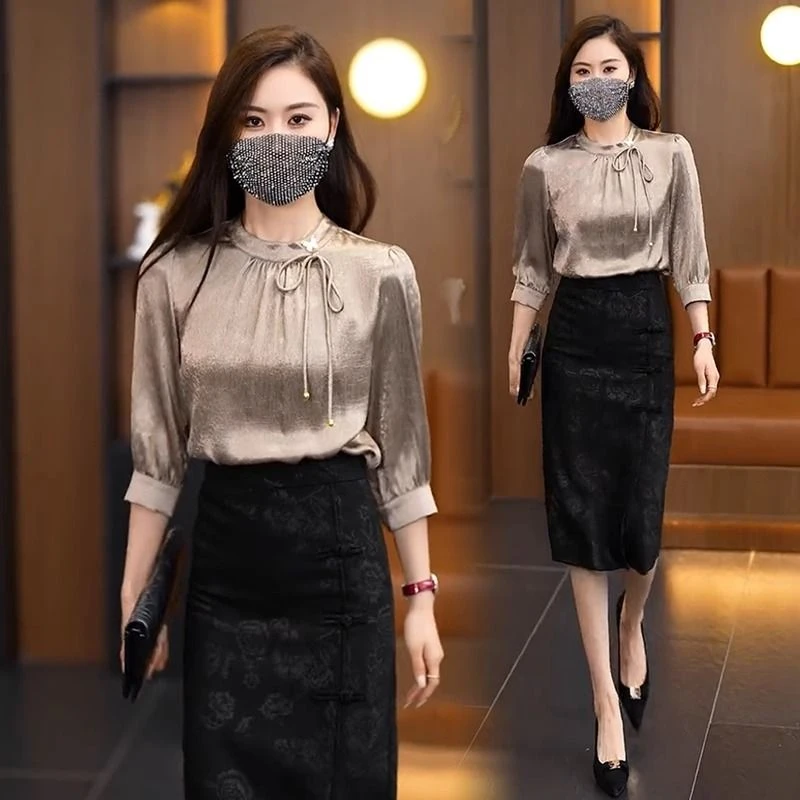 法式复古立领系带衬衫女2025春季新款时尚洋气显瘦设计感气质衬衣