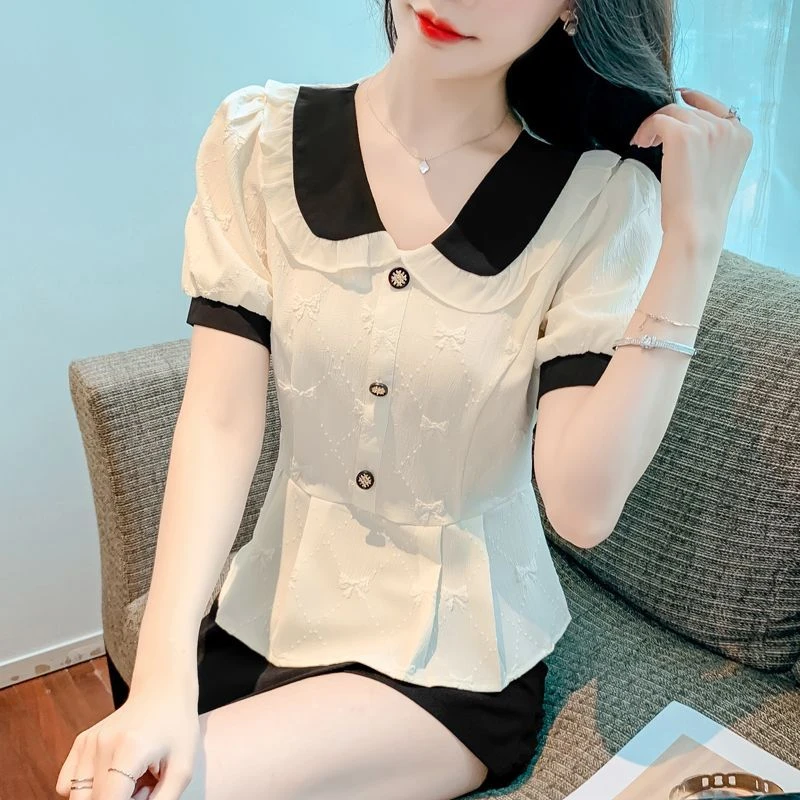 设计感娃娃领衬衫短袖女夏季收腰显瘦洋气漂亮小衫小香风短袖上衣