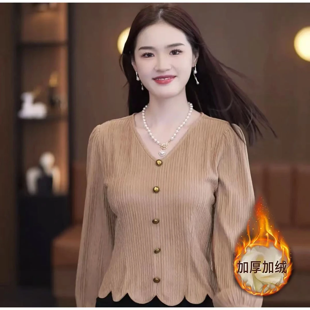 加绒加厚高级感法式衬衫女长袖洋气上衣小个子漂亮显瘦时尚打底衫